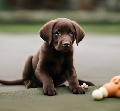 A-chocolate-lab-puppy-transitioning-into-adolescence--looking-a-bit-rebellious-while-ignoring-a-chew-toy--encapsulating-the-unpredictable-teen-phase